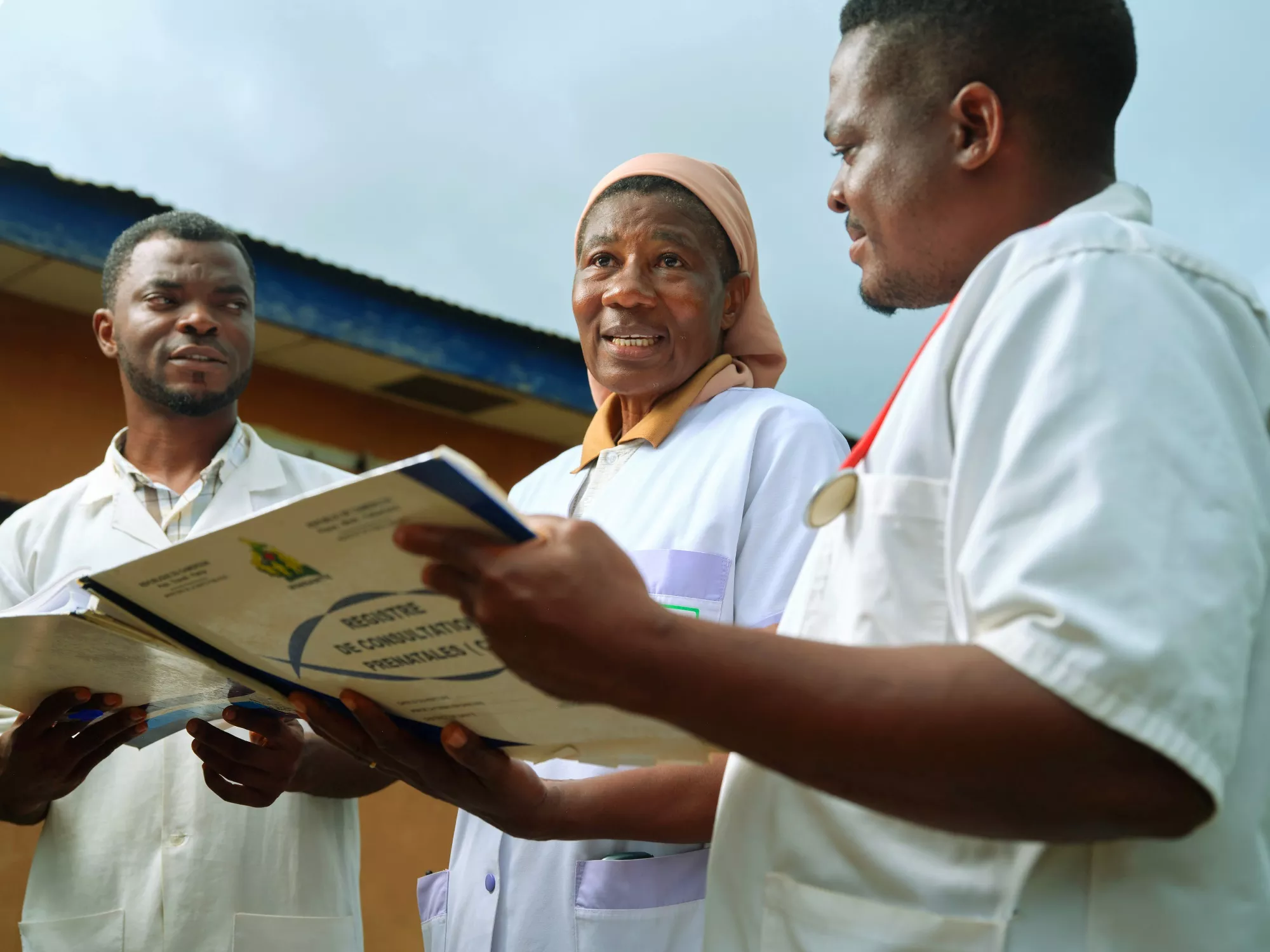 Sister Martine with nurses Thomas Ngue and Richard Bitomo at the Catholic mission’s health center in Ntui, in the Grand Mbam region of central Cameroon.