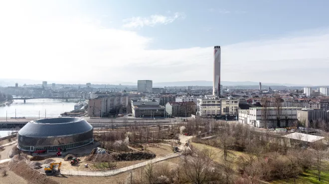 View from Novartis Campus towards Novartis Pavillon and Basel.
