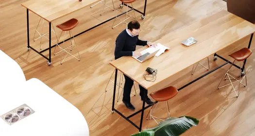 Modern co-working space with plants and wooden furniture