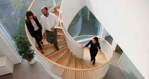 Professionals walking on a spiral staircase in an office building