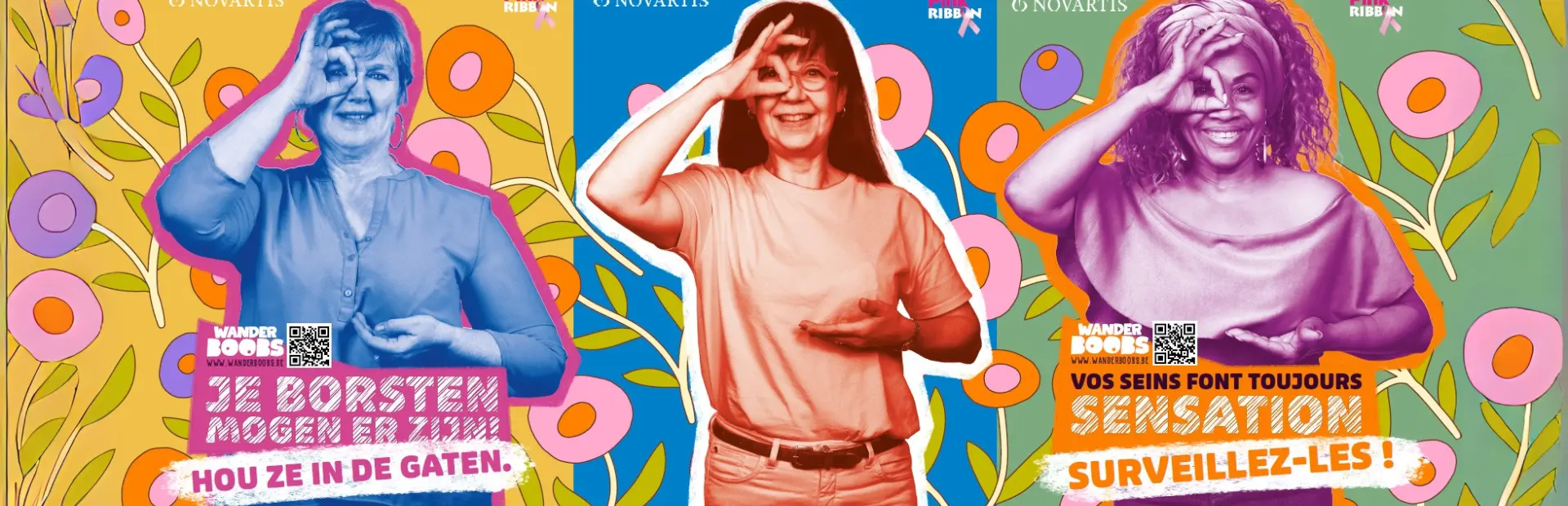 Illustration of 3 women smiling while holding up a breast and looking through one eye