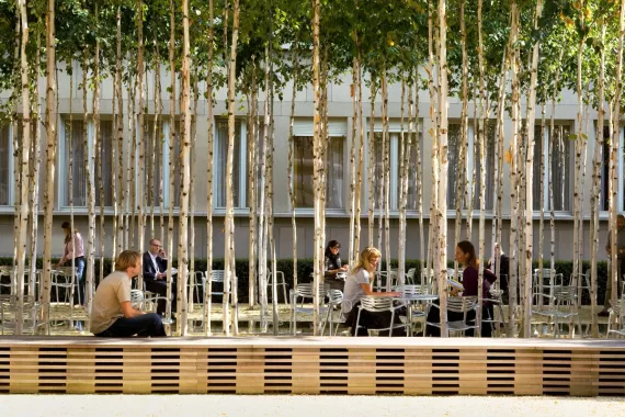 Professionals in gesprek op een terras