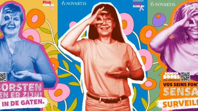 Illustration of 3 women smiling while holding up a breast and looking through one eye