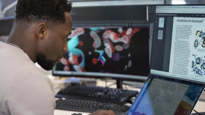 Ein Novartis Wissenschaftler sitzt vor dem Computer und baut virtuelle Modelle zur Behandlung von Krebs / Un scientifique de Novartis est assis devant son ordinateur et construit des modèles virtuels pour le traitement du cancer