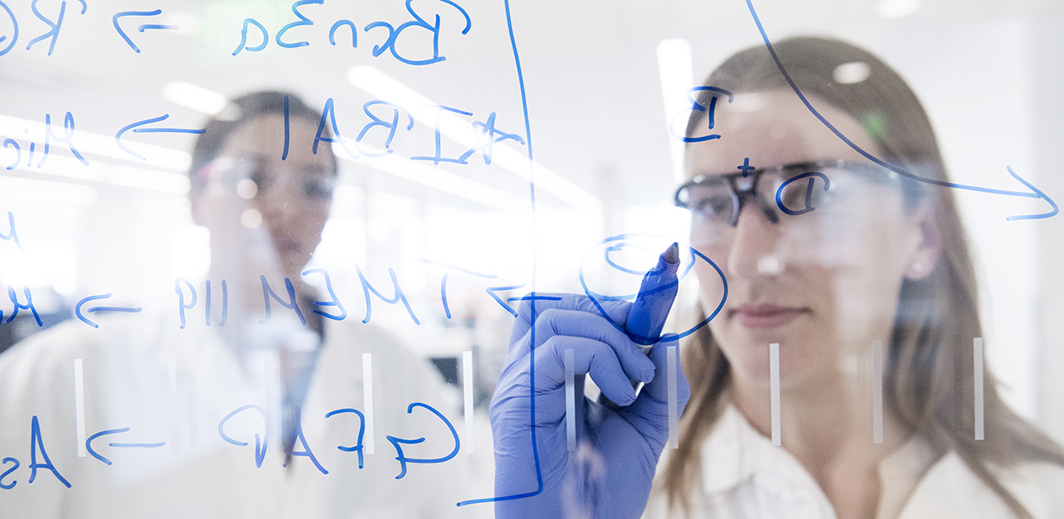 Scientifique écrivant sur une surface vitrée