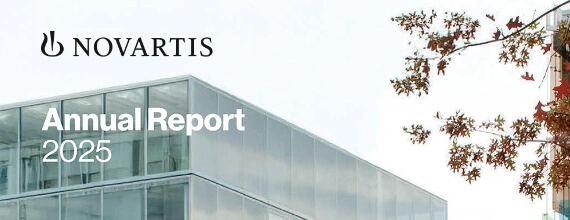 Title banner for Novartis Annual Report 2025 featuring the company logo and a modern glass building