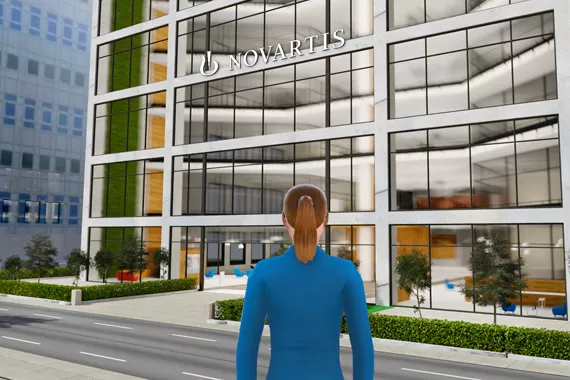 3D Animation einer weiblichen Person vor dem Novartis Campus