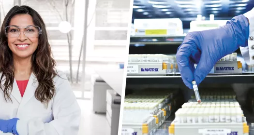  links im Bild eine Frau im Labor, rechts im Bild eine Hand mit lila Handschuh und Ampulle 