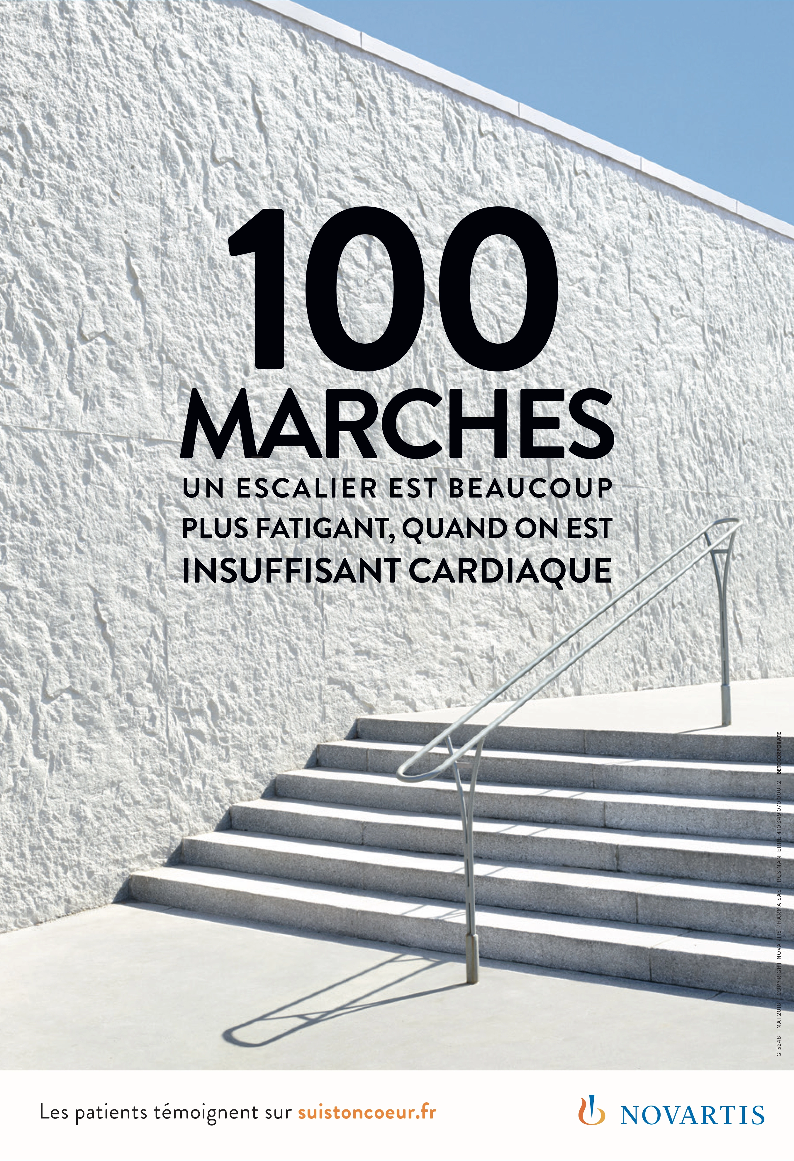 Photo d'escalier ave le texte : "100 marches, un escalier est beaucoup plus fatiguant quand on est insuffisant cardiaque"