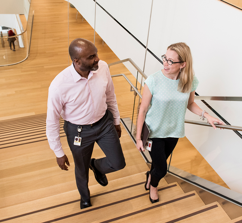 Two Novartis associates walking up a set of stairs