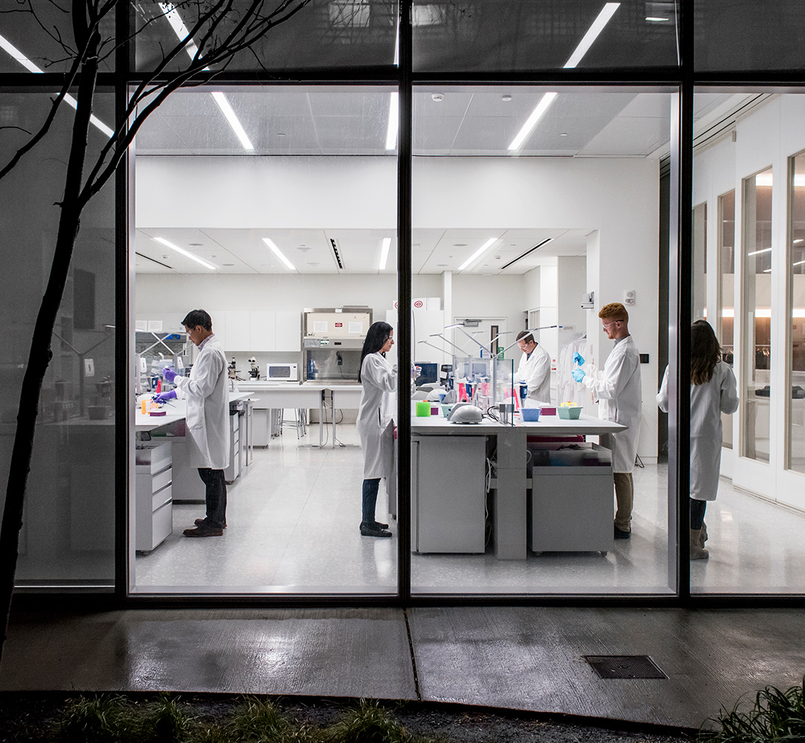 Scientists working In a lab at night seen by the outside of the building