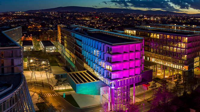 Photo of Novartis Dublin office lit up for rare disease day