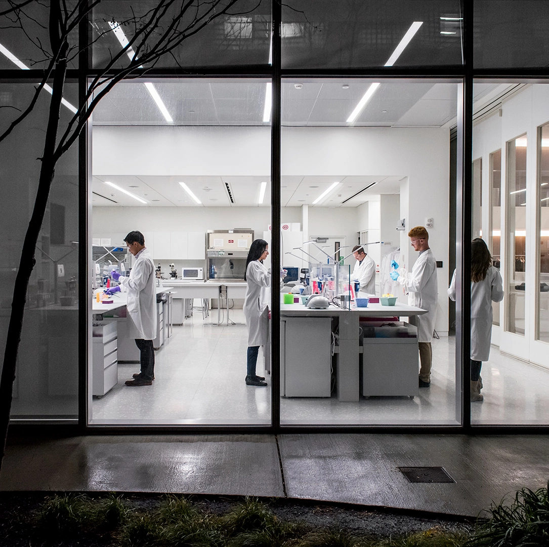 Scientists working In a lab at night seen by the outside of the building