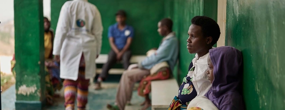Young patients waiting outside hospital in Rwanda