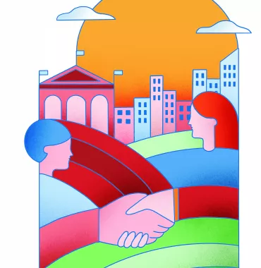 Disegno colorato con uno skyline di una città e in primo piano una stretta di mano