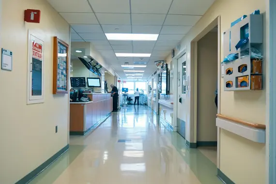 Hospital corridor with medical staff and equipment