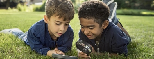 Twee jongens in het gras met een vergrootglas