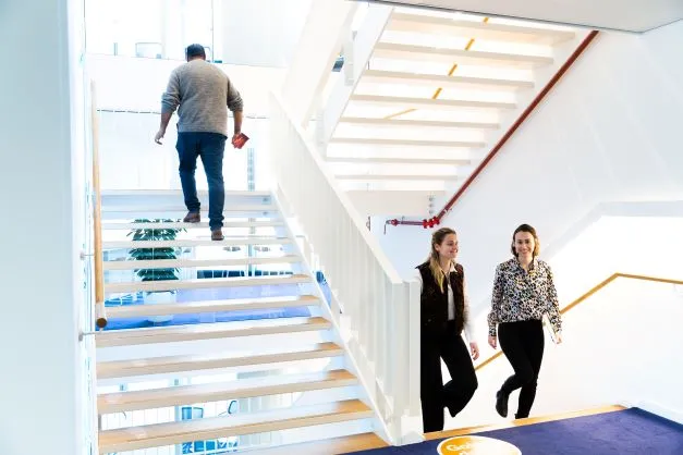 Collegas praten in het trappenhuis