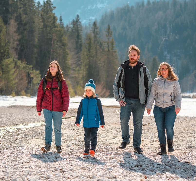 Family hiking in mountains