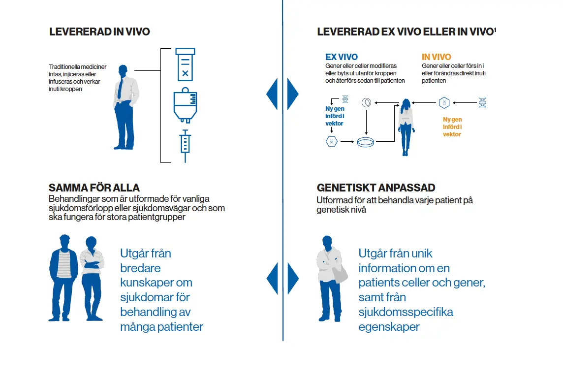 Förenkling av hur processen för behandling med cell- och genterapier går till, i och utanför kroppen. Illustration.