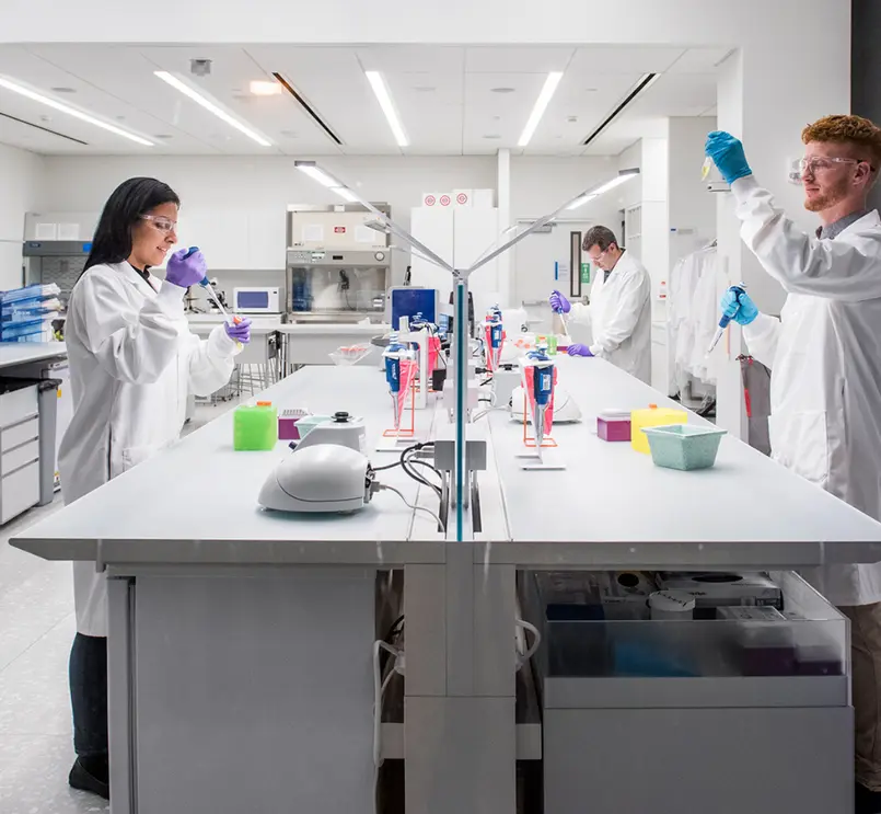 Scientists in lab coats and gloves working in a laboratory