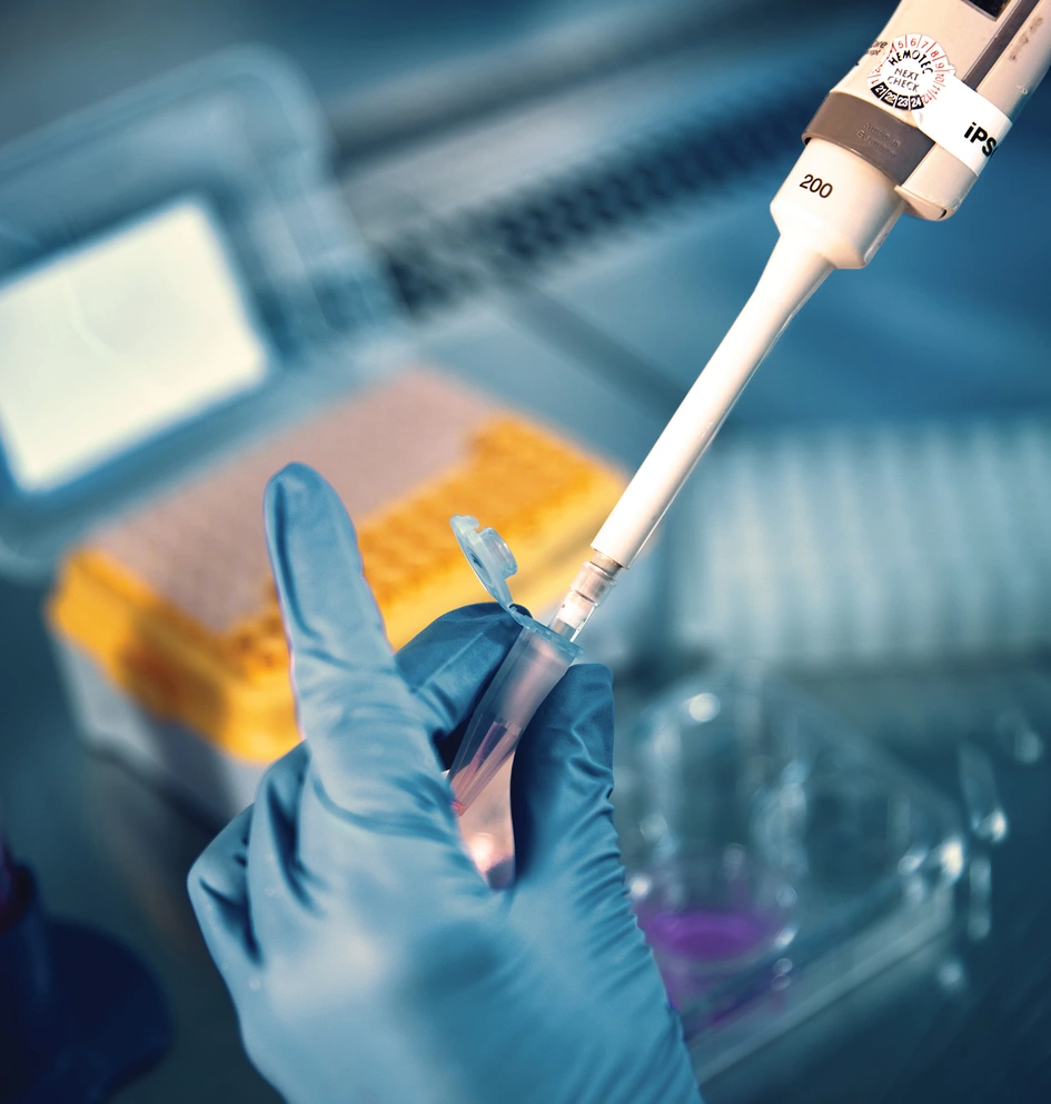 Hands of a Laboratory technician in blue gloves preparing a sample with pipette