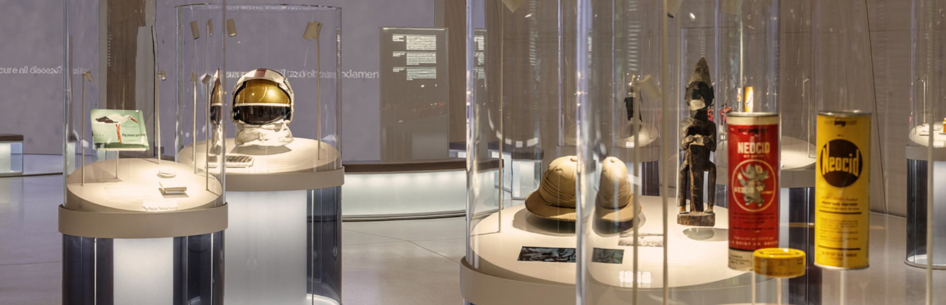 Museum exhibit with artifacts displayed in glass cases in a modern gallery setting.