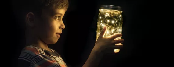  A boy looking at a glass illuminated by fireflies