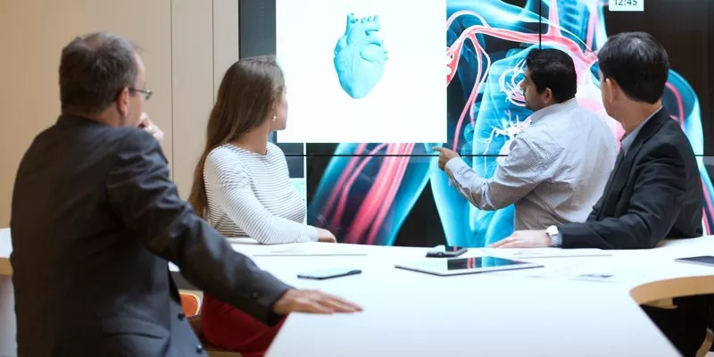 Business people examine a 3-dimensional rendering of a heart on a large screen