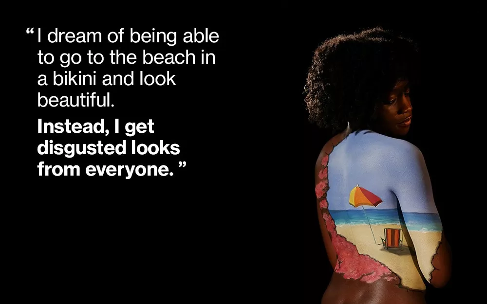 Artistic rendering of a beach painted on a woman's body