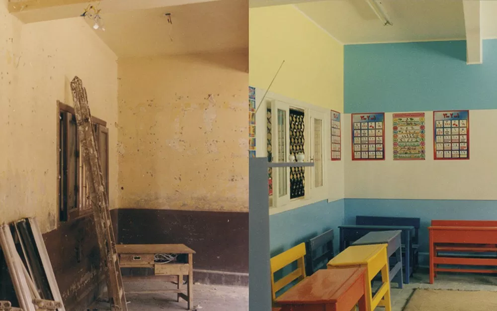 A photo of a classroom before and after renovation