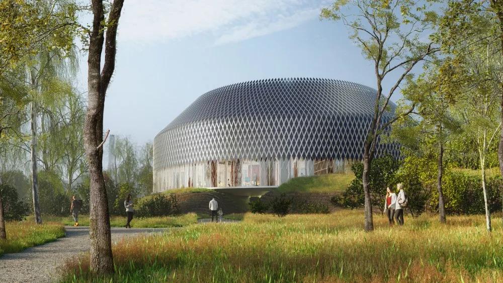 Daytime exterior rendering of the Novartis Pavillon, home to the exhibition “Wonders of Medicine”
