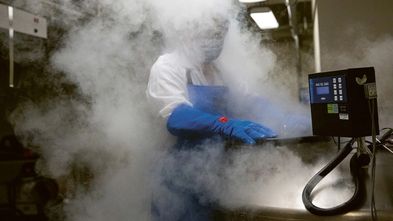 Researcher retrieves stored cells