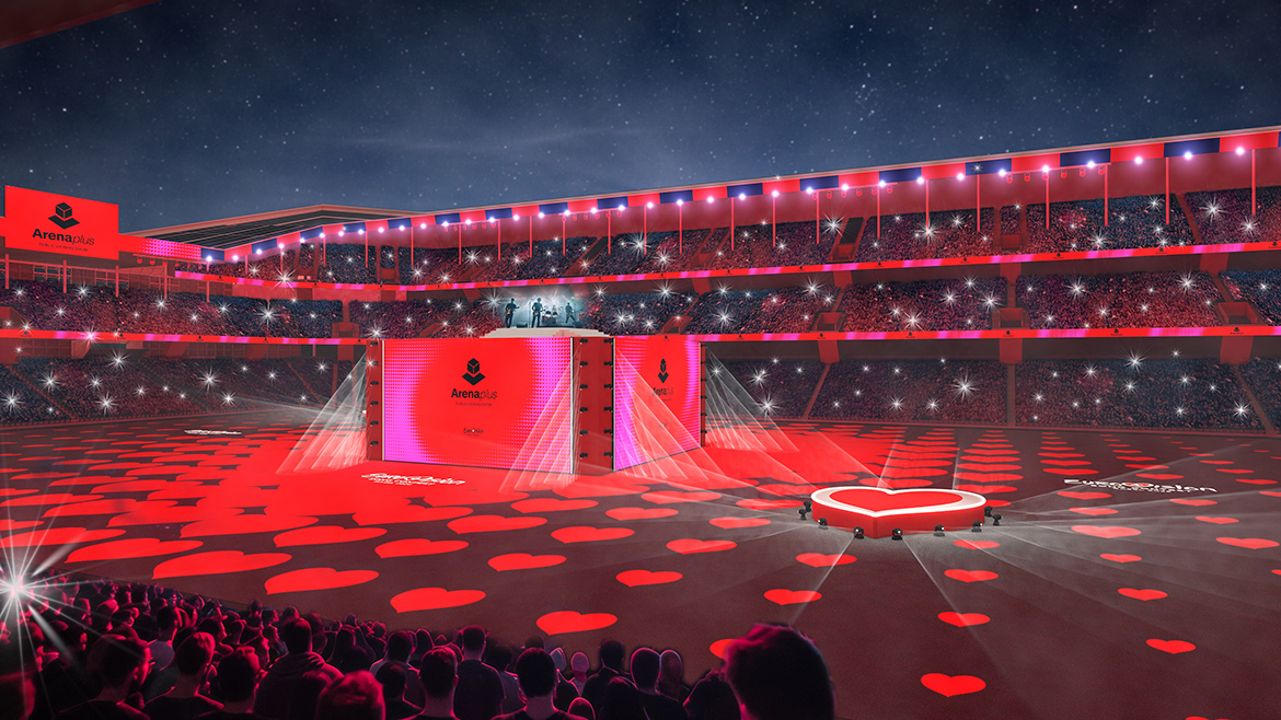 Illuminated stage in the middle of St. Jakob Park, the largest football stadium in Switzerland.