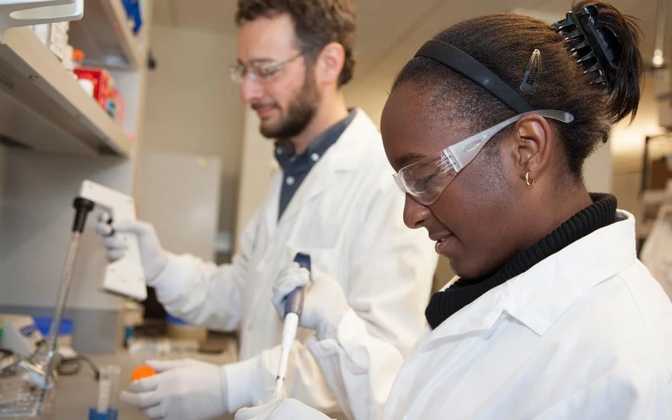 Postdoctoral researcher Sina Mohammadi (left) taught Benjamin to passage and culture intestinal tissues