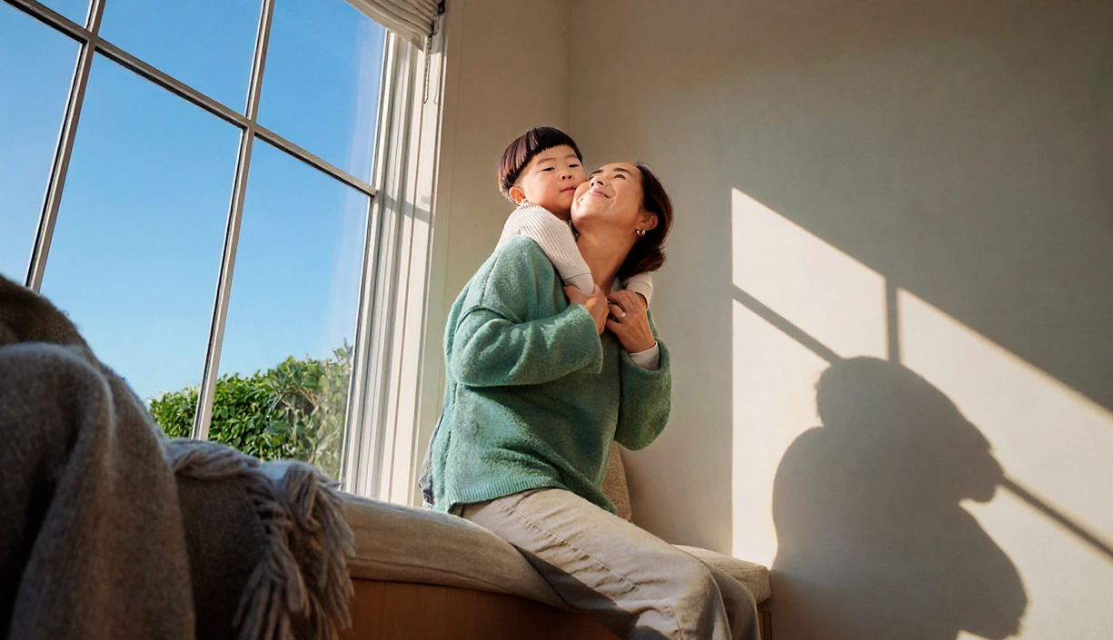 Mother and son cuddling on a couch in front of a window