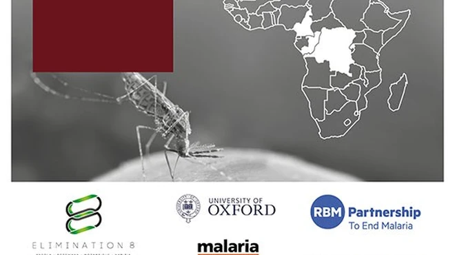 Below the map of Africa, a mosquito sits on  an arm. At the bottom of the page eight logos are included: Elimination 8, University  of Oxford, RBM Partnership to End Malaria, Malaria Consortium, Malaria No More US, Malaria No More UK, KEMRI Wellcome Trust