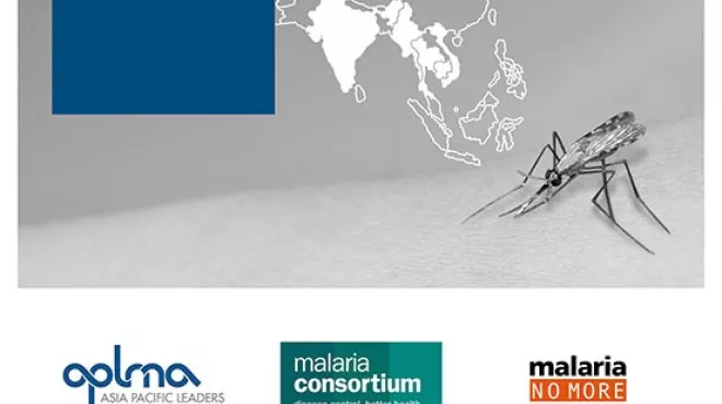 Below the map of Asia a female mosquito (Anopheles) sits on  an arm. At the bottom of the page six logos are included: APLMA, Malaria Consortium, Malaria No More US, Malaria No More UK, Novartis and RBM Partnership to End Malaria