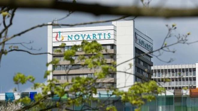 Tower with logo seen through branches