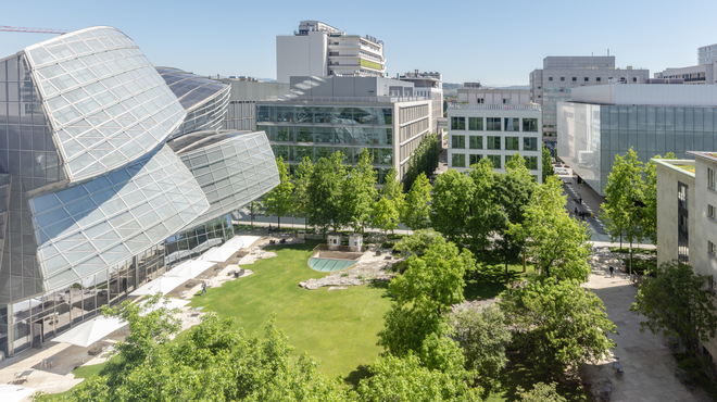 View to Gehry building, the Green and Fabrikstrasse on Novartis Campus in Basel