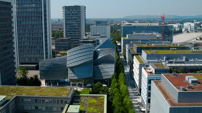 aerial view of the Novartis campus buildings