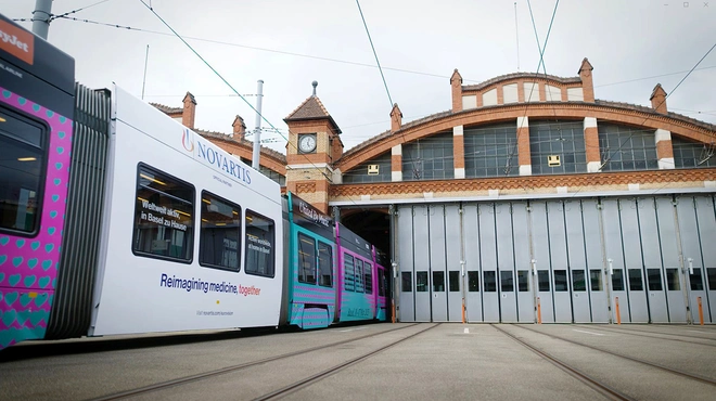 A Basel tram bearing the colors of the Eurovision song contest.