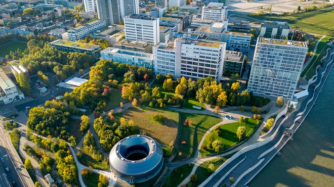 Aerial view of the Novartis Pavilion on the edge of the Basel campus
