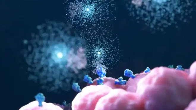 3D rendering of a radioligand therapy targeting cancer cells. Novartis is building on its pioneering work developing RLT and other therapeutic technology platforms to design the next wave of prostate cancer treatments.