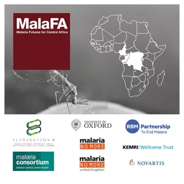 Below the map of Africa, a mosquito sits on  an arm. At the bottom of the page eight logos are included: Elimination 8, University  of Oxford, RBM Partnership to End Malaria, Malaria Consortium, Malaria No More US, Malaria No More UK, KEMRI Wellcome Trust