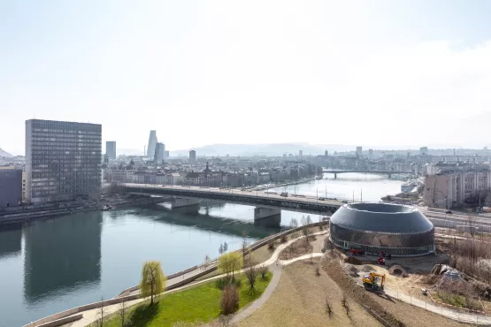 View from Novartis Campus towards Novartis Pavillon and Basel alongside Rhine River