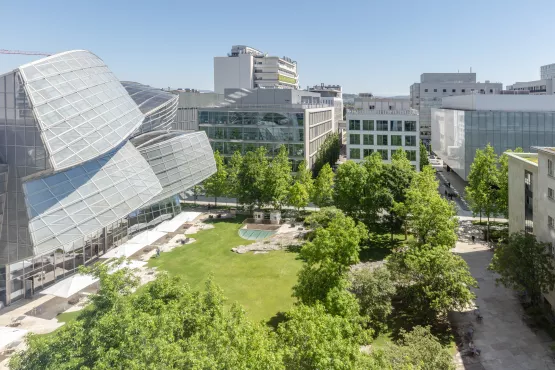 View to Gehry building, the Green and Fabrikstrasse on Novartis Campus in Basel