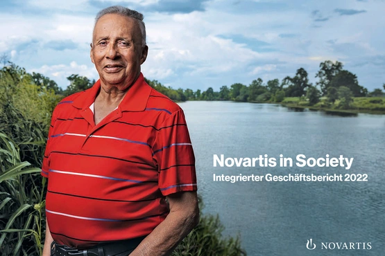 Front cover of the 2022 Novartis in Society Integrated Report, Van Lacour, prostate cancer patient living in Natchez, Louisiana, who received a Novartis radioligand therapy