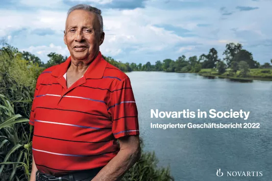 Front cover of the 2022 Novartis in Society Integrated Report, Van Lacour, prostate cancer patient living in Natchez, Louisiana, who received a Novartis radioligand therapy