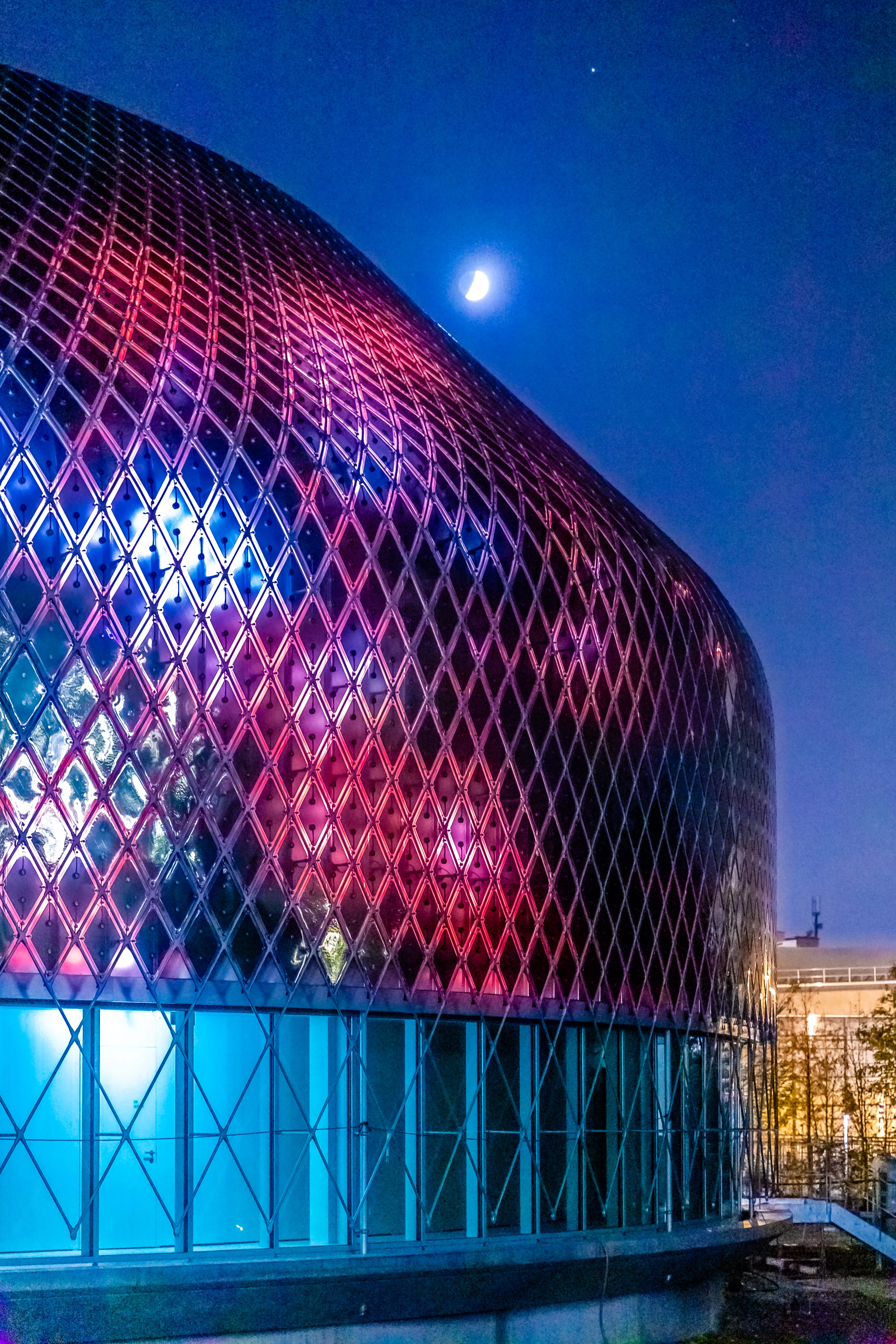 Illumination of zero-energy media facade of the Novartis Pavillon.